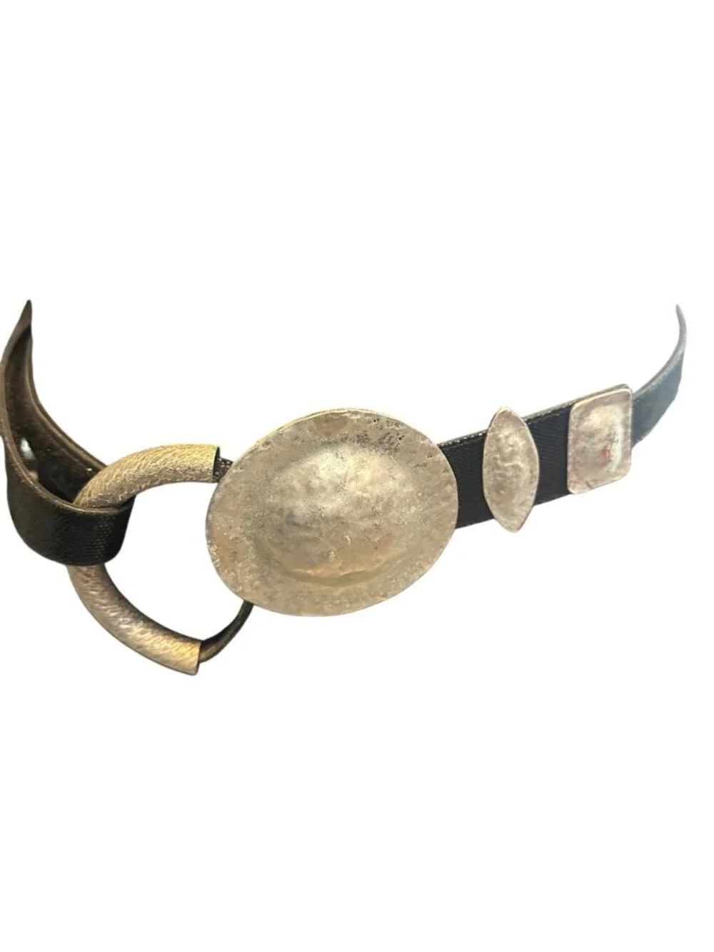 Boho Hammered Metal Textured Belt Statement Buckle Vintage Modern Hook Eye
